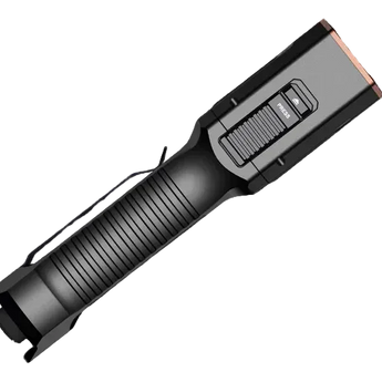 Black Fenix flashlight on a white background