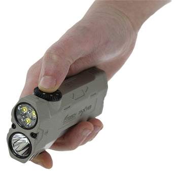 Fitorch PX18 LED flashlight marble gray version held in a hand with LEDs visible