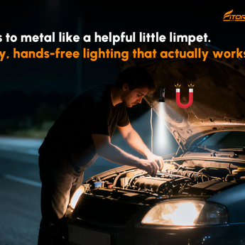 Fitorch PX18 All-Purpose Flashlight Informational Slide - Sticks to Metal Like a Helpful Little Limpet. Finally, Hands-Free Lighting that Actually Works