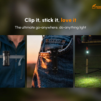 Fitorch PX18 All-Purpose Flashlight Informational Slide - Clip it, Stick it, Love it