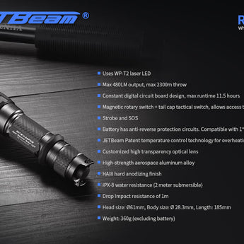 Jetbeam RRT-M1X White Laser Searchlight - 480 Lumens - Includes 1 x 5100mAh 21700