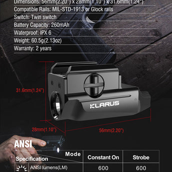 Klarus GL1 Mini LED Rechargeable Weapon Light - 600 Lumens - Uses Built-In Li-Poly Battery Pack