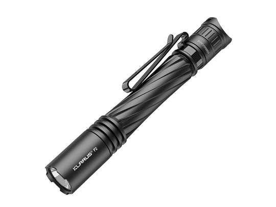 Klarus P2 USB-C Rechargeable LED Flashlight Informational Slide - Downturned Angled View