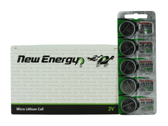 New Energy CR2032 3V 220mAh Lithium Primary (LiMNO2) Coin Cell Battery - Hologram Packaging - 100pc Carton Tear Strip