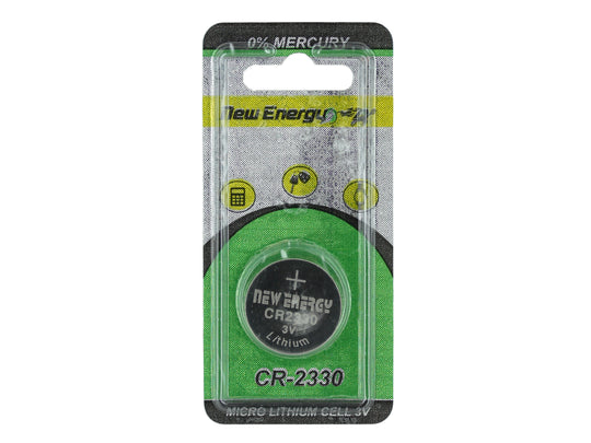 New Energy CR-2330 lithium battery in green and black packaging on a white background