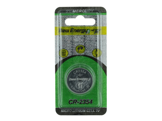 New Energy CR2354 lithium coin cell battery in retail card packaging - 0% mercury label
