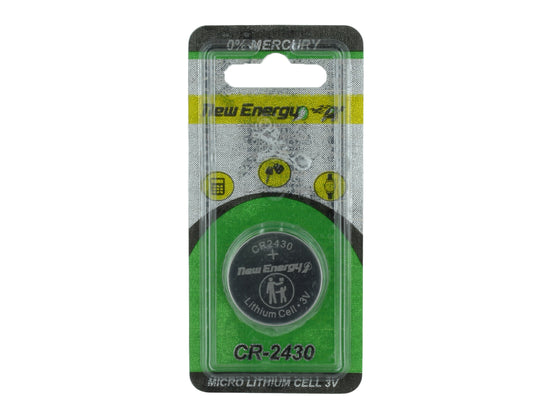 New Energy CR-2430 lithium cell battery in green and black packaging - 0% Mercury on Label