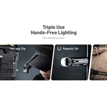 Triple use hands-free lighting with two way clip, magnetic tail, and rotating head