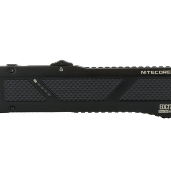 Black Nitecore flashlight side view on a white background