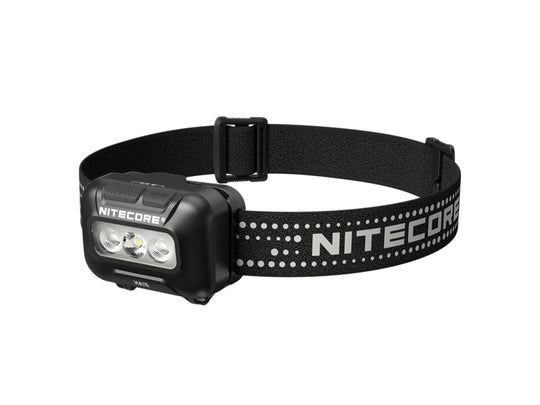 A Nitecore headlamp with a black adjustable elastic strap and a black rectangular lamp housing, shown on a plain white background.