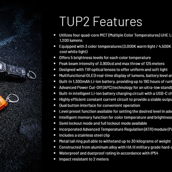 Nitecore TUP 2 USB-C Rechargeable LED Keychain Flashlight - 1200 Lumens - NiteLab MCT UHE - Uses Built-in 1300mAh Li-ion Battery Pack - Multiple Color Options