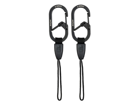 Two black carabiners with lanyards on a white background