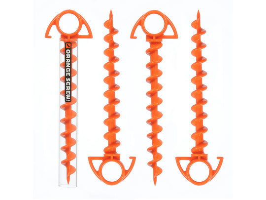 Four orange spiral tent stakes on a white background with 'Orange Screw' branding.
