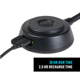 Black gooseneck light with charging cable on a white background, displaying run and recharge times.