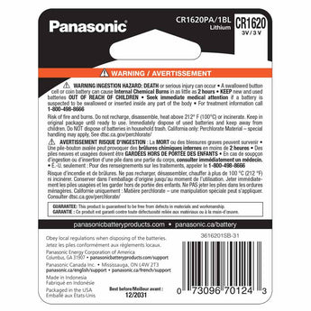 Panasonic CR1620 75mAh 3V Lithium Coin Cell Battery - Back of Packaging