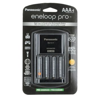 Panasonic Eneloop Pro 4-Position Charger with 4 x 980mAh NiMH Low Self Discharge AAA Batteries - Front Packaging
