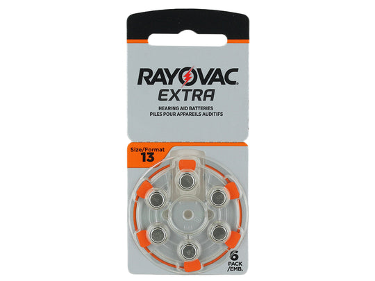 Rayovac R-13AE-6A MF (6PK) Size 13 1.45V Zinc Air Orange Hearing Aid Batteries - Front Packaging