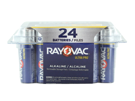 Rayovac Ultra Pro AL-AA-24 1.5V Alkaline Button Top Batteries - Front Facing View of 24 Pack