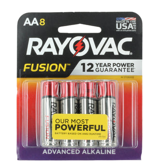 Rayovac AA Fusion batteries packaging with 12-year power guarantee on a white background - 8 pack