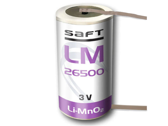 Saft LM 26500 lithium-manganese dioxide battery on a white background