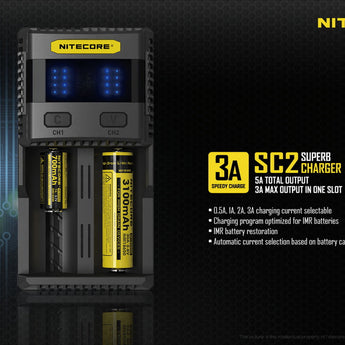 Nitecore Superb Charger SC2 2-Channel Selectable Current Smart Battery Charger for Li-ion, Ni-Cd, NiMH Batteries, and USB Devices