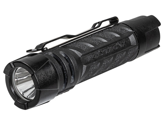 Black flashlight with 'PolyTac' branding on a white background