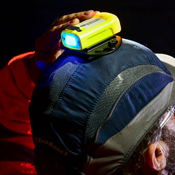 Streamlight SL-SideSaddle USB Yellow Mounted on Hat, Focus on Button