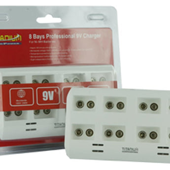 Titanium Innovations TTP9V 8-Bay Smart Battery Charger - NiMH 9Vs - AC 100-240V + DC Adapters