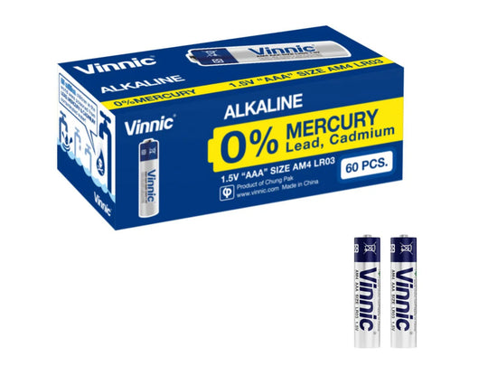 Box of Vinnic LR03AM4 AAA alkaline batteries with two batteries displayed in front on a white background