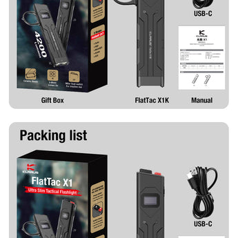 Klarus X1-V3 Tactical Flat Flashlight - 4,200 Lumens - USB-C Rechargeable 2700mAh Li-ion Battery - Slimline or Tactical Ring Versions