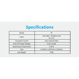 Specifications table for a product model X2 on a white background