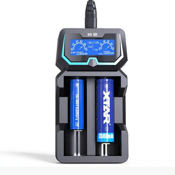 XTAR X2 with two blue batteries inside while charging - front facing view on a white background