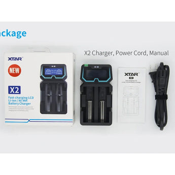 XTAR X2 charger with packaging, power cord, and manual on a white background