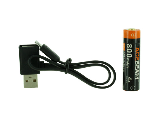 Acebeam ARC14500N-800 14500 800mAh 3.7V Protected Lithium Ion (Li-Ion) Button Top Battery with Built-in Micro USB Charging Port and USB to Micro USB Charging Cable