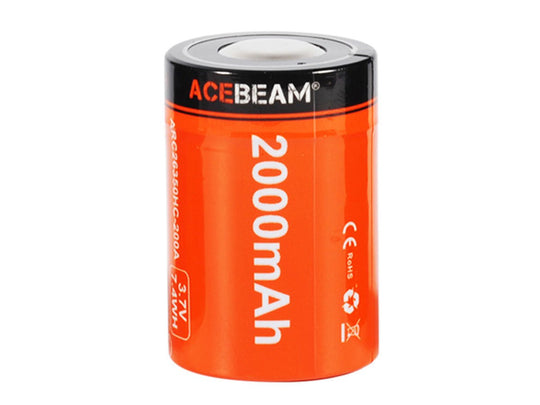 Acebeam 26350 2000mAh 3.7V Protected Lithium Ion (Li-ion) Button Top Battery with Built-In Micro USB Charge Port