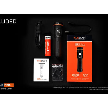 Acebeam D20 V2.0 LED Dive Light - Luminus SFT40 - 2200 Lumens - Includes 1 x USB-C Rechargeable 21700
