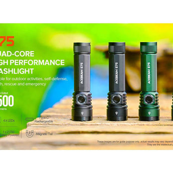 Acebeam E75 USB-C Rechargeable LED Flashlight Informational Slide - Quad Core High Performance Flashlight
