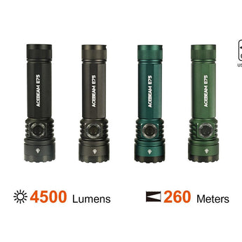 Acebeam E75 USB-C Rechargeable LED Flashlight - Cool White or High CRI LED Options - Includes 1 x 21700 - Anodized Black, Grey, Teal, Green, or MAO Gray Marbling