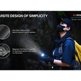 Acebeam E75 USB-C Rechargeable LED Flashlight Informational Slide - Anti Skin Oblique Lines and Magnetic Tail Stand Capability