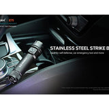 Acebeam E75 USB-C Rechargeable LED Flashlight Informational Slide - Stainless Steel Strike Bezel