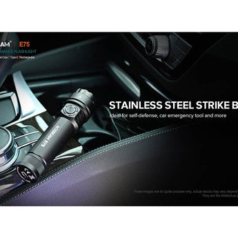 Acebeam E75 USB-C Rechargeable LED Flashlight Informational Slide - Stainless Steel Strike Bezel