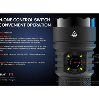 Acebeam E75 USB-C Rechargeable LED Flashlight - Cool White or High CRI LED Options - Includes 1 x 21700 - Anodized Black, Grey, Teal, Green, or MAO Gray Marbling