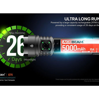 Acebeam E75 USB-C Rechargeable LED Flashlight Informational Slide - Ultra Long Runtime, 26 Days on Moonlight