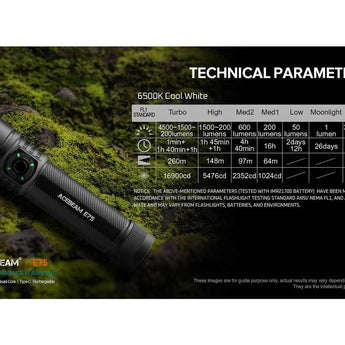 Acebeam E75 USB-C Rechargeable LED Flashlight Informational Slide - Technical Parameters