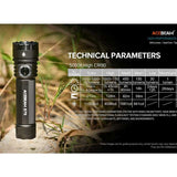 Acebeam E75 USB-C Rechargeable LED Flashlight Informational Slide - Technical Parameters