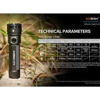 Acebeam E75 USB-C Rechargeable LED Flashlight - Cool White or High CRI LED Options - Includes 1 x 21700 - Anodized Black, Grey, Teal, Green, or MAO Gray Marbling