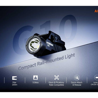 Acebeam G10 LED Weapon Light - 600 Lumens - Luminus SFT-25R - Includes 1 x 16340 with USB-C Charging Port - Black or Micro-Arc Oxidation (MAO) Gray Marbling