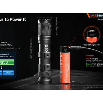 Acebeam G15 LED Weapon Light - 1800 Lumens - Luminus SFT-40 - Includes 1 x USB-C Rechargeable 18650