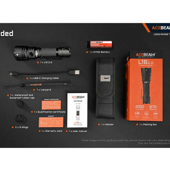 Acebeam L16 2.0 USB-C Rechargeable LED Flashlight - Luminus SFT-40 - 2100 Lumens - Includes 1 x 21700