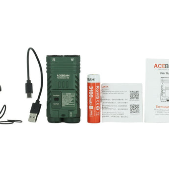 Acebeam Terminator M2 LED Flashlight - 2000-Lumen High CRI Black or 3200-Lumen Cool White OD Green - Includes 1 x USB-C Rechargeable 18650